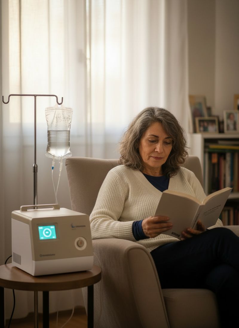 Persona en su casa, en un sillón, junto a la cicladora y la bolsa de solución de diálisis peritoneal