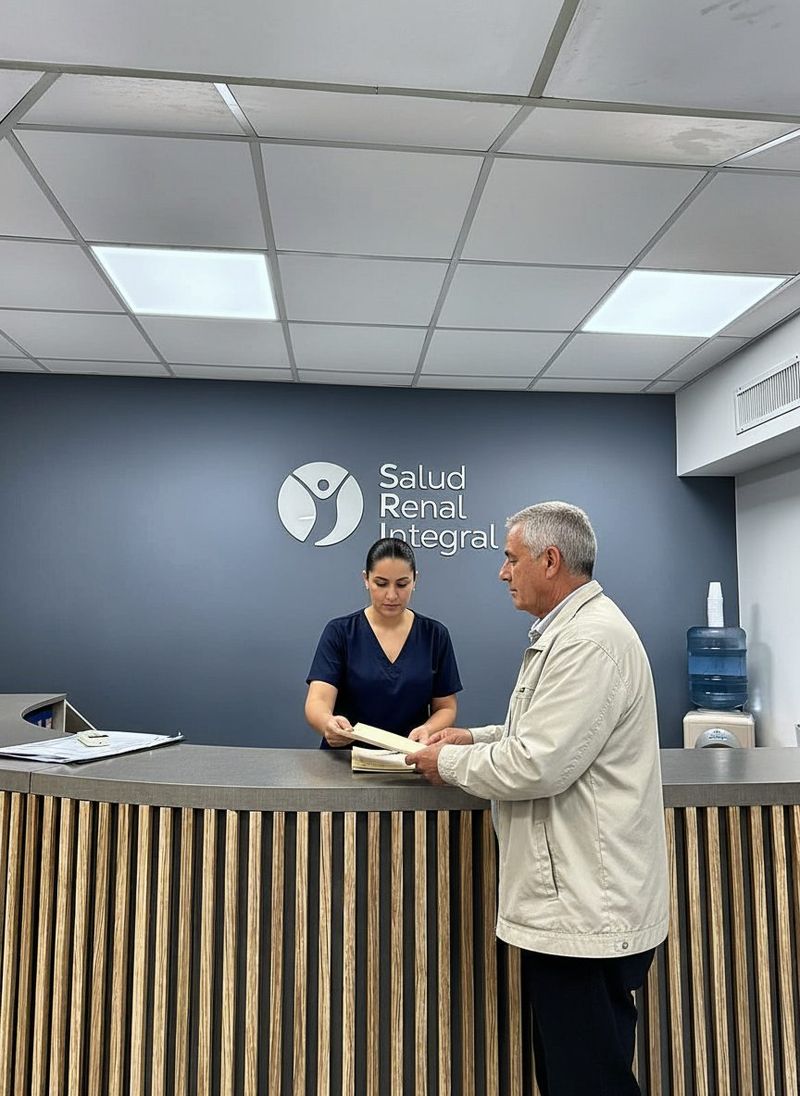 Recepción del centro: atención a un paciente en el mostrador